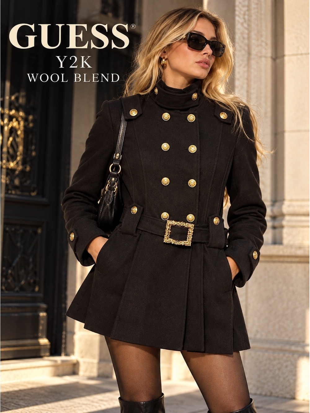 GUESS Y2K Black Wool Blend Military Double Breasted Belted Coat Gold Buttons L